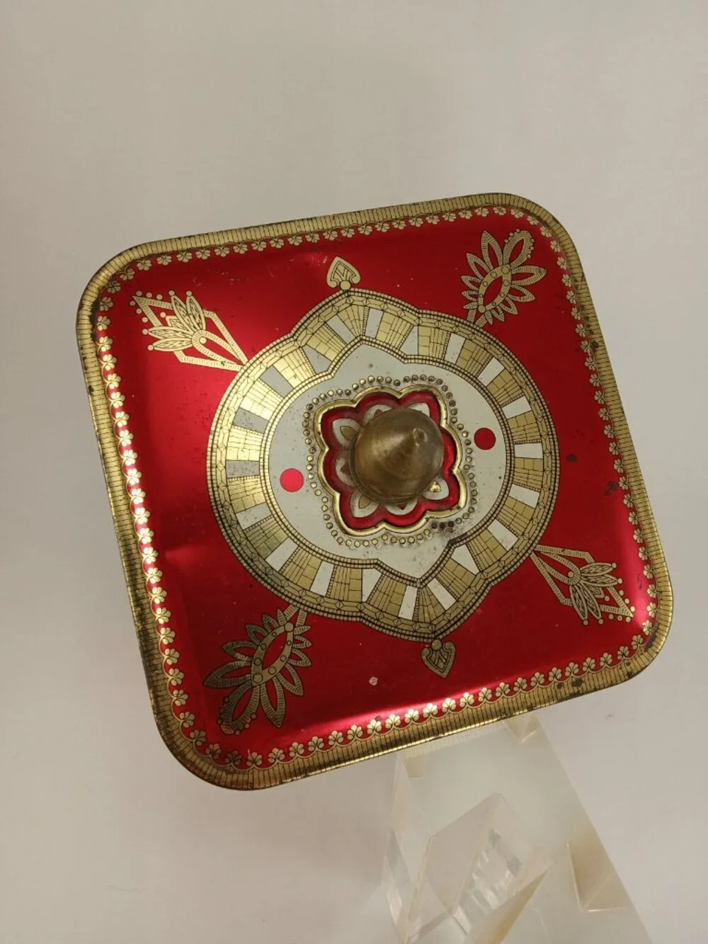vintage Baret Ware Square Biscuit Tin, Candy Box, England ornate finial red gold